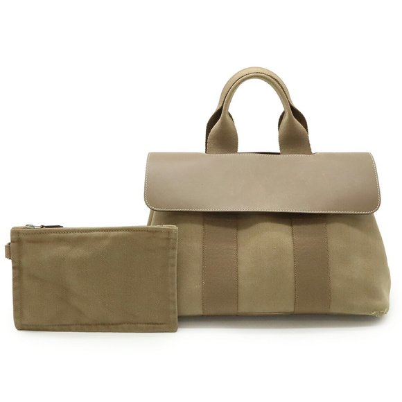 HERMES Valparaiso PM handbag tote bag in toile chevron leather and etoupe. - Picture 1 of 10